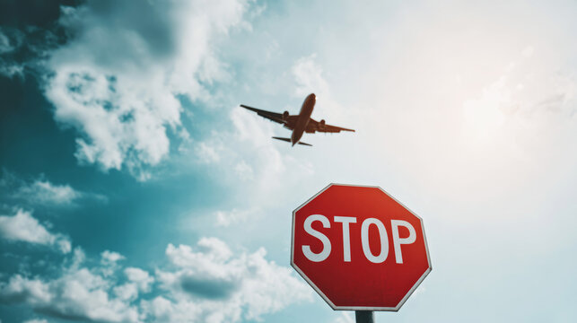 Stop sign standing under a flying commercial airplane, representing travel disruption and international travel restrictions