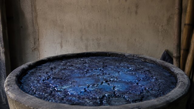 Dark blue indigo dye vat with cracked pigment surface in a rustic workshop, round basin and bamboo tools against textured concrete wall
