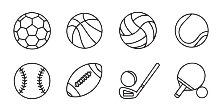 Collection of eight thin line sports balls icons including basketball football golf table tennis.