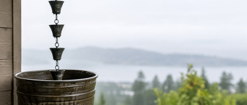 Rain chain cups hanging above a large ceramic basin beside wood siding, with misty lake and forest landscape blurred in soft background