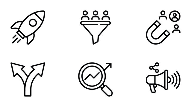 Business Growth Icons Set: Rocket Launch, Sales Funnel, Magnet Lead Generation, Decision Path, Analytics Chart, Marketing Megaphone. Vector Graphics for Strategy and Success.