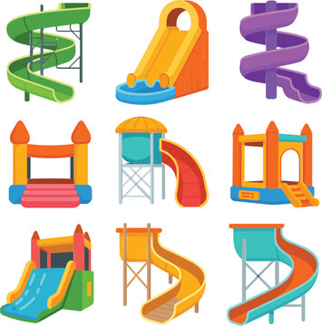 Playground slide and inflatable castle collection set, colorful kids amusement park vector illustration isolated fun design bundle