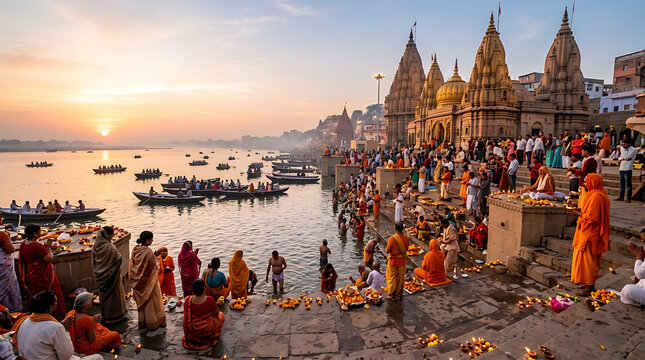 A vibrant sunset scene over the sacred Ganges River in Varanasi, India, with numerous devotees performing religious rituals on the ancient ghats and in boats.