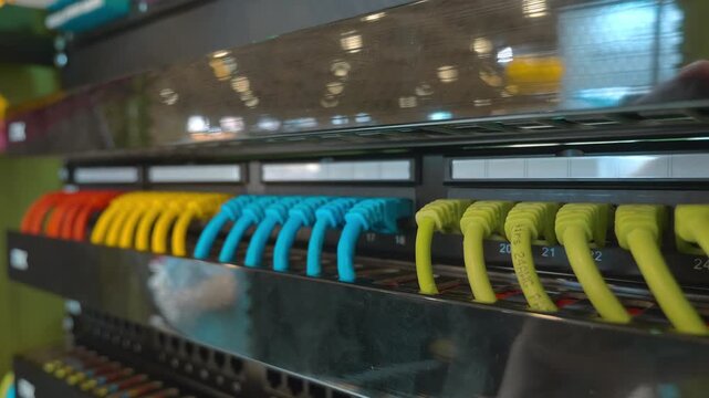 The internet hub has multiple sockets with wires of different colors connected to it to make installation, setup, and repairs easier. Closeup. Follow focus