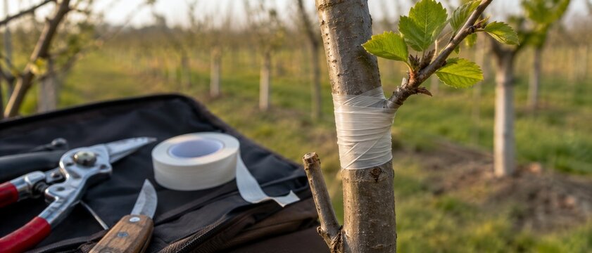 Close-up of a young orchard tree graft wrapped with white tape, with pruning shears, grafting knife, and tape roll on a tool bag nearby.