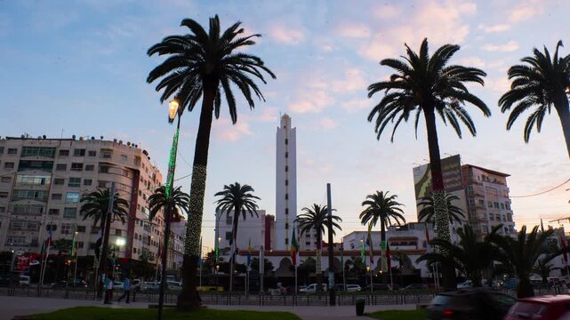 Casablanca, Morocco. View of Mosque Al Yassir in Casablanca, Morocco. Time-lapse from evening to night