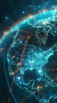 Futuristic digital Earth globe with glowing USA map and North America network connections, big data transfer and cyber security concept for global business and technology. Vertical 4k background