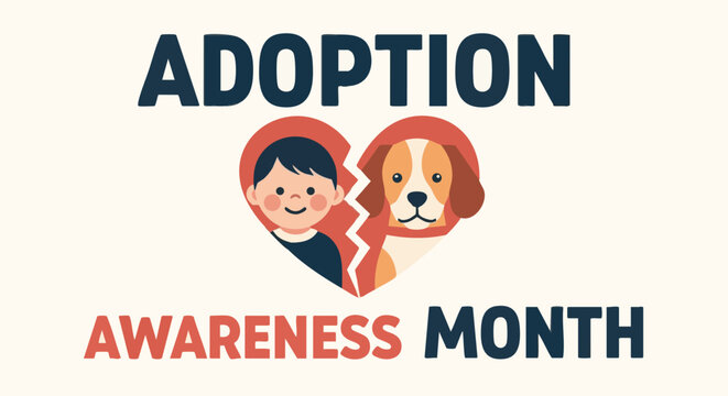 Adoption awareness month heartbroken boy and dog in broken heart for animal shelter or pet adoption campaign in colorful flat illustration for social media