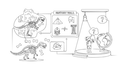 Dinosaur skeletons, ancient artifacts, and a curious child exploring history © Vector