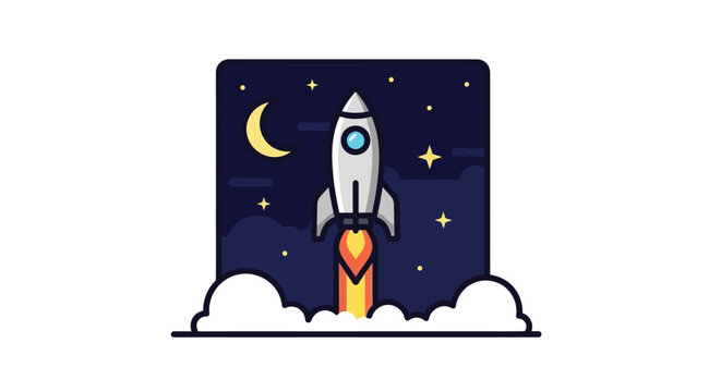 rocket ship illustration with moon and stars flat vector design