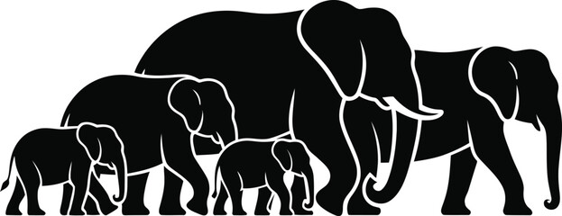 Black elephant family, silhouette icons, white background, vector graphics, animal symbols © Jihadul