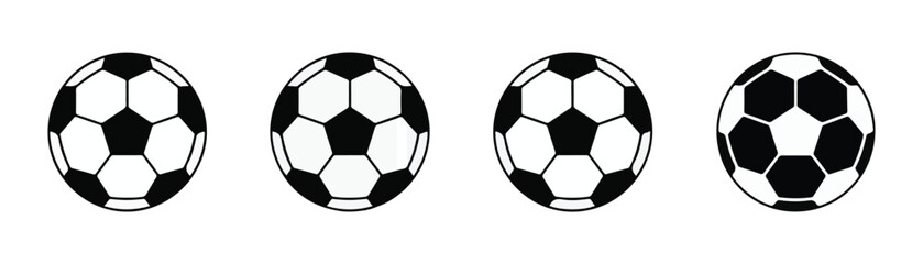 Fototapeta premium Four soccer balls in black and white pentagon hexagon pattern on transparent background.