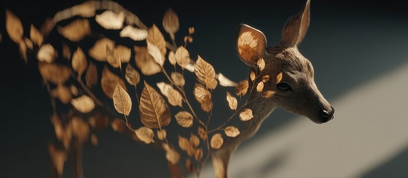 Fawn adorned with autumn leaves, a delicate blend of nature and art