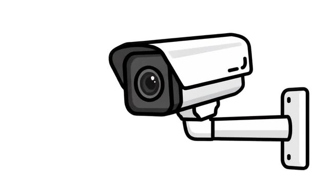 A modern outdoor CCTV security camera illustrated in a clean vector style on a white background. This animated graphic symbolizes surveillance, safety, privacy, and protection for tech and commercial 