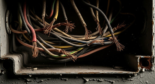 A close-up view of a tangled mess of old and damaged electrical wires in a worn-out electrical box