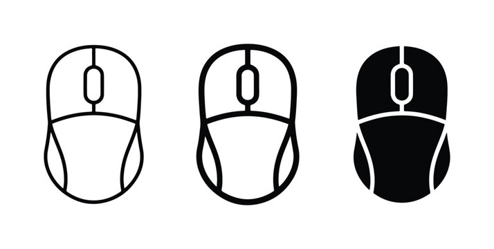 Computer Mouse Icons Set: Outline, Filled Outline, and Solid Black Vector Graphics for Digital Technology and Computing Concepts