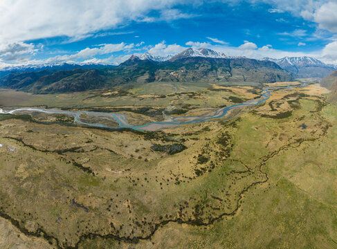 Aerial view of a mountain landscape in the Andes with the Chacabuco river (Rio Chacabuco), Patagonia National Park, Chile