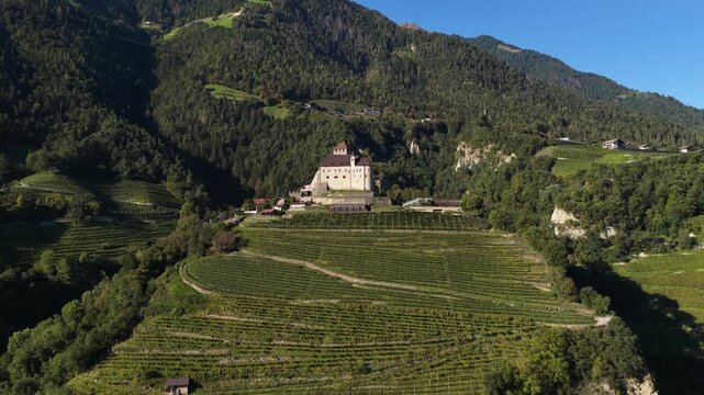 Aerial view of juval castle fortress in south tyrol's alpine valley