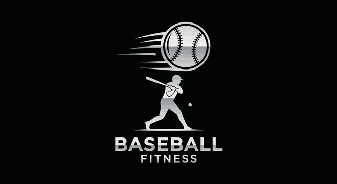 Baseball Player Swings At The Ball, Sport Logo Design In A Sleek Silver Tone