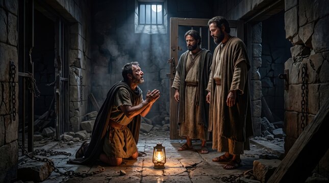 A trembling Roman jailer falls to his knees before Paul and Silas.