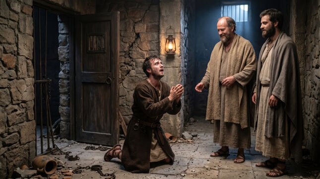 A trembling Roman jailer falls to his knees before Paul and Silas.