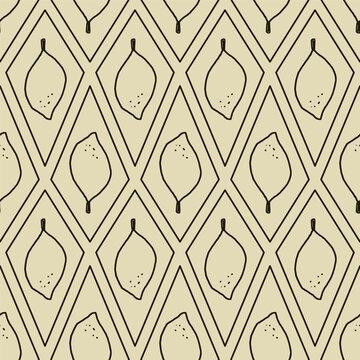 Lemon pattern seamless with argyle on warm beige. Citrus fruit line repeat print for kid summer card and kitchen poster. Vector lemon line aop pattern with hand drawn motif.