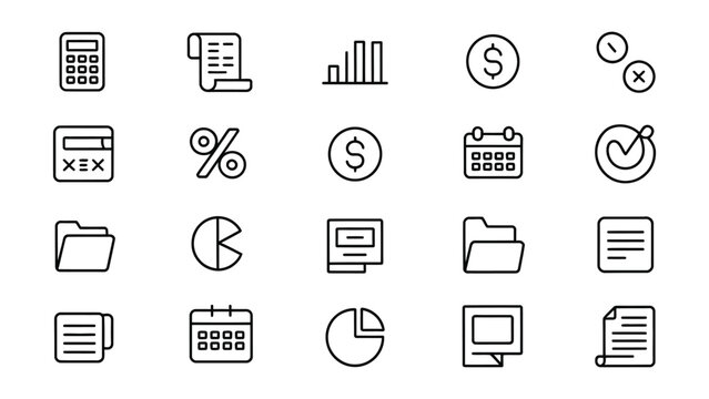A collection of clean outline icons representing financial and business management concepts including calculators documents charts and calendars