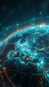 Futuristic digital Earth globe with glowing global network connection lines, big data transfer and cyber security technology over Europe map. 3D concept of worldwide connectivity and globalization