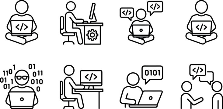 Programmer and Coding Workspace Icon Collection with Software Developers, Laptop Users, Binary Data, and Technology Outline Vector Set