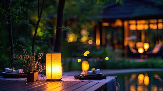 Romantic outdoor dining setup glows warmly beside a tranquil water feature at twilight