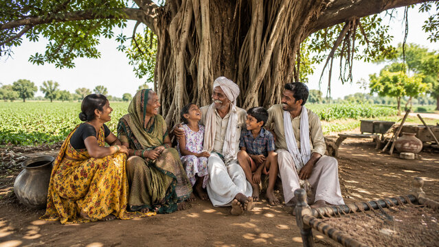 Happy Multi-generational Indian Farmer Family Resting Under a Tree