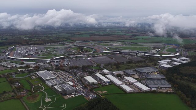 Aerial view of silverstone race track circuit on a cloudy day
