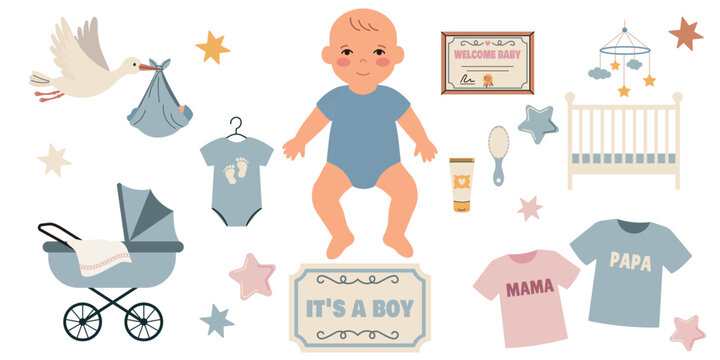 Baby shower and gender reveal illustration set for boy with stroller, pacifier, bottle, stork, baby toys, cubes and rattle. Perfect for cake decoration, nursery posters, greeting cards and kids educat