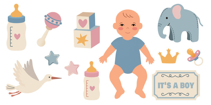 Baby boy gender reveal illustration with stroller, baby bottle, stork, newborn baby, blocks, rattle and toys. Cute baby shower clipart for cake topper, nursery decor, party decoration, educational gam