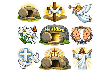 Fototapeta premium Christian symbols for easter celebration: resurrection, cross, dove, angel, jesus
