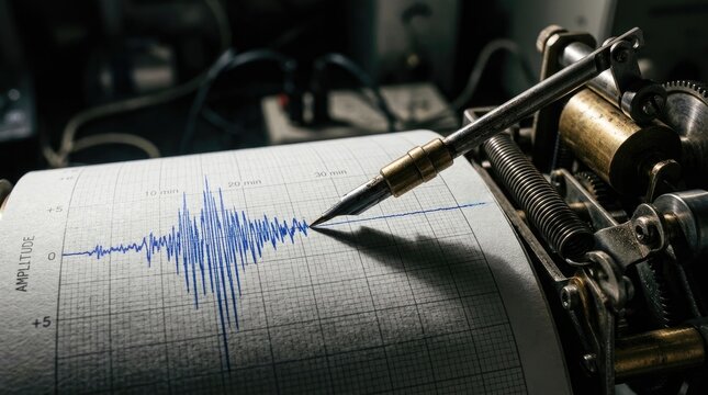 Vintage seismograph recording earthquake waves on graph paper detailed mechanical instrument scientific data analysis concept