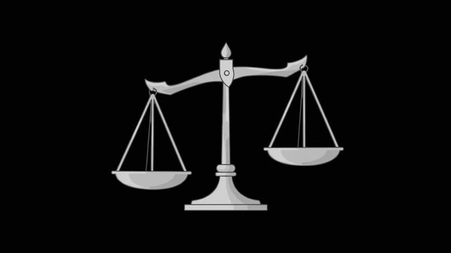 A majestic, symmetrical 2D vector graphic of traditional silver scales of justice balancing perfectly. The background is a pure, solid deep black, which makes the metallic gradients and clean lines of