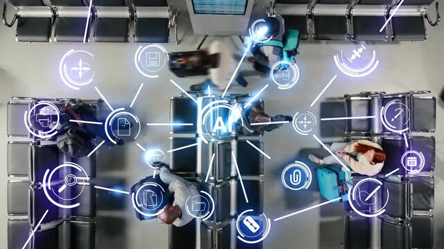 Timelapse of people walking in airport using AI smart sensors to monitor passenger flow, VFX compositing. Overlay of airport using artificial intelligence systems to do border control security checks