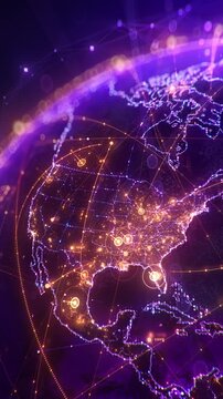 Futuristic digital Earth globe with glowing USA map and North America network connections, big data transfer and cyber security concept for global business and technology.