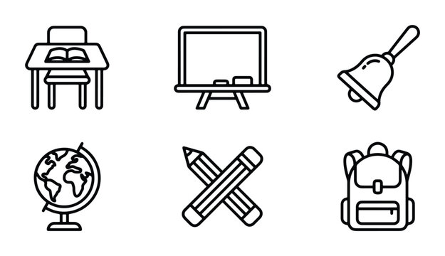 School Icons Set, Education Symbols Collection, Learning Objects Vector Graphics, Study Elements, Classroom Essentials, 6 Icons