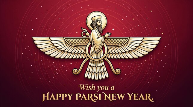 Faravahar Symbol Vector Illustration for Happy Parsi New Year, Zoroastrian Navroz Celebration Background with Golden Winged Figure on Red Gradient