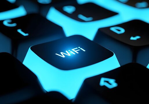 Closeup of a glowing blue wifi button on a computer keyboard