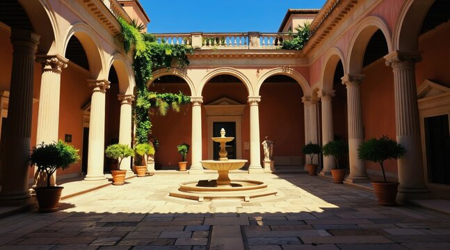 Classical courtyard with fountain and arches. Ornate columns support a loggia with rich plants. Potted trees line the stone patio. Sunny day.