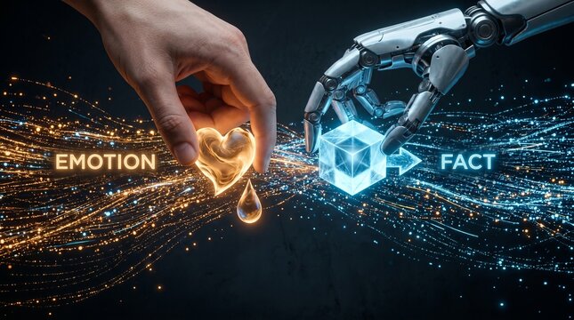 Human hand holding glowing heart emotion meets robot hand holding digital cube fact