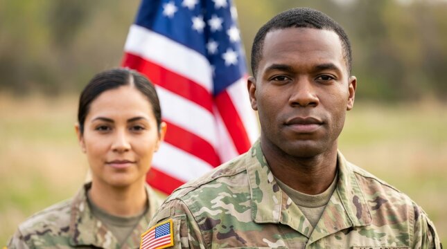 An African-American soldier and a white woman from the U.S. Army stand outdoors in front of an American flag. The diverse group of men, women, and men in camouflage uniforms smile.