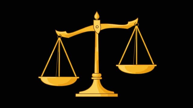 An elegant golden balance scale representing law and order stands out against a solid black background. This high-contrast vector graphic element is perfect for dramatic legal, political, or true-crim