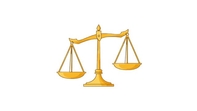 A classic golden balance scale of justice stands isolated on a solid white background. This 2D flat vector icon represents law, judgment, and equality, ideal for legal and corporate presentations.