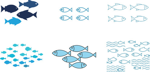 Obraz premium Fish and Aquatic School Vector Icon Set with Ocean Sea Marine Life and Swimming Pattern Symbols for Nature and Seafood Designs