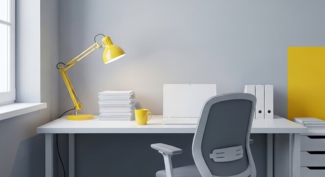A minimalist office setup with a white desk, a yellow desk lamp, a gray office chair, a stack of papers, a yellow mug, and a blank computer screen. 