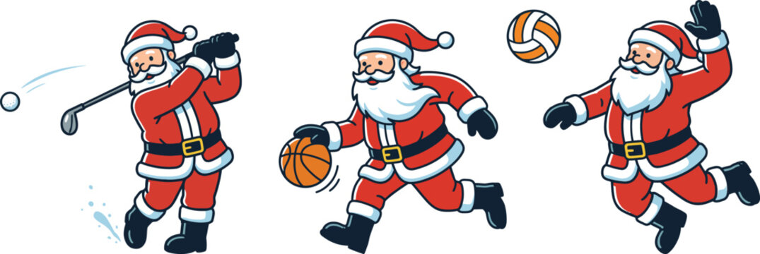 Three cartoon santa clauses playing sports with motion lines